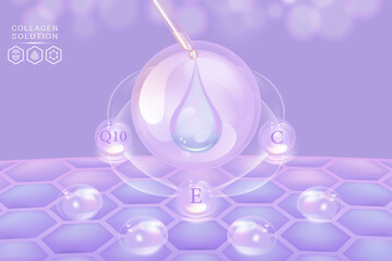 Hyaluronic acid skin solutions ad, purple collagen, and vitamins serum drops with cosmetic advertising background ready to use, illustration vector.