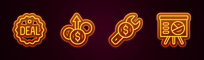 Set line Deal, Financial growth dollar, Repair price and Board with graph. Glowing neon icon. Vector
