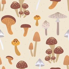 Seamless pattern with musrooms. Autumn background. Hand drawn texture for print, textile, fabric. Vector illustration.