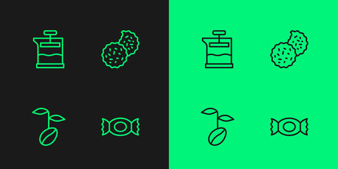 Set line Candy, Coffee beans, French press and Cookie or biscuit icon. Vector