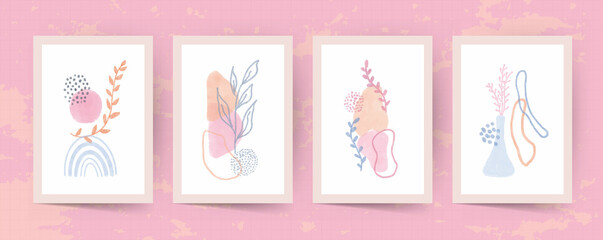 Abstract wall art set minimalist. abstract organic flower pot plant