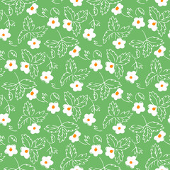 Blooming strawberries on a dark green background