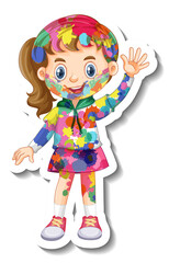 Happy girl with colour on her body sticker on white background