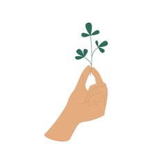 Fototapeta na wymiar Hand holds a plant. Flat vector illustration isolated on white background