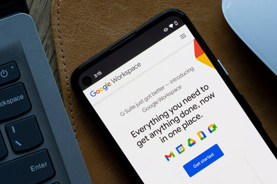 Portland, OR, USA - Sep 28, 2021: The Web Page Of Google Workspace, A Collection Of Cloud Computing, Productivity And Collaboration Tools, Software And Products, Is Seen On A Google Pixel Smartphone.