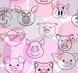Drawing of funny pig faces isolated on a white background.Seamless pattern.