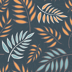 Seamless vector background with different fern leaves on grey background. Vector illustration