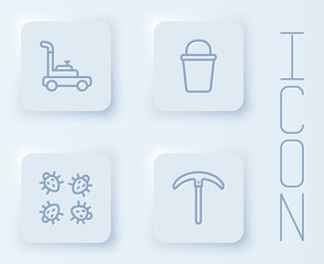 Set line Lawn mower, Bucket, Colorado beetle and Pickaxe. White square button. Vector