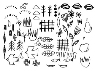 北欧系かわいい植物と鳥の手書きラフセット