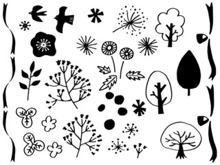 北欧系かわいい花と木と実の手書きラフセット