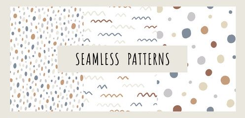 Vector set. Abstract geometric patterns in pastel colors. Hand drawn texture for print, textile, packaging. Polka dot seamless pattern. Collection of backgrounds.