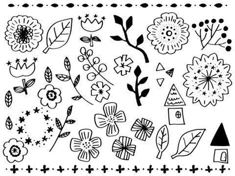 北欧系かわいい植物と家の手書きラフセット