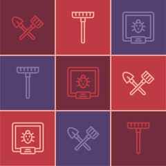 Set line Shovel and rake, Colorado beetle and Garden icon. Vector