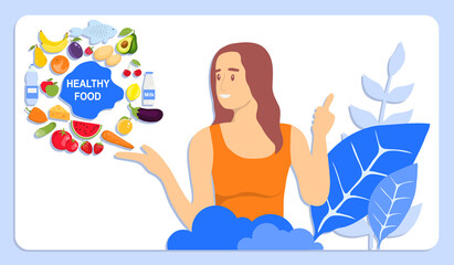 Healthy food concept. A woman on her hand shows healthy and wholesome foods. Vegetarianism, diet, healthy food. Vector illustration.