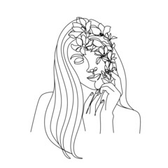 Line Art Vector Woman with long hair and flowers. Flower head line drawing. Botanical female face. Nature symbol of cosmetics. hair extensions logo. Beauty salon logo