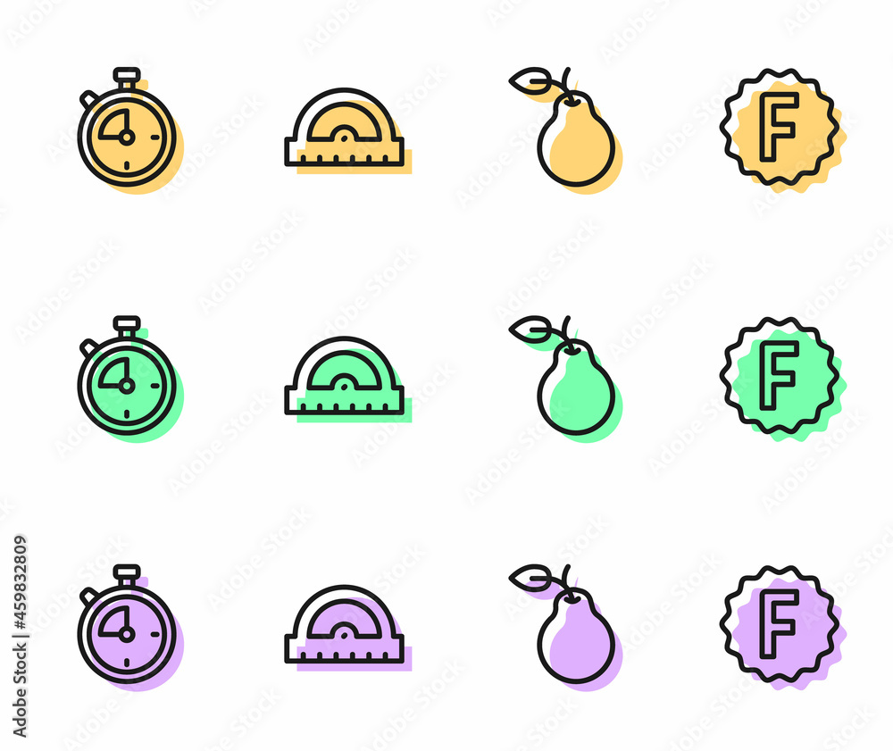 Poster set line pear, stopwatch, protractor grid and exam paper with incorrect answers icon. vector