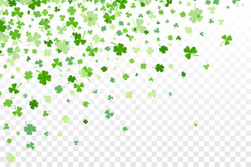 Shamrock or green clover leaves pattern background flat design vector illustration isolated on transparent background. St Patricks Day shamrock symbols decorative elements pattern.