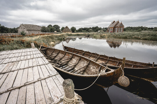 viking boats in the little viking center in Ribe Denmark.