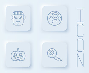 Set line Frankenstein face, Eye, Pumpkin and . White square button. Vector