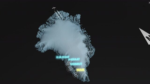 Seamless looping animation of the 3d terrain map at nighttime of Greenland with the capital and the biggest cites in 4K resolution