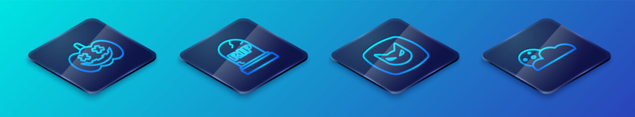 Set Isometric line Black cat, Pumpkin, Moon and stars and Tombstone with RIP written icon. Vector