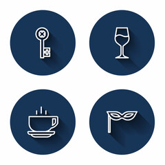 Set line Old key, Wine glass, Coffee cup and Carnival mask with long shadow. Blue circle button. Vector