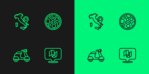 Set line Flag Italy, Scooter, Map of and Pizza icon. Vector