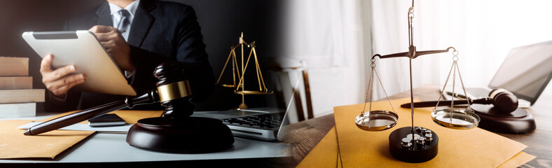 justice and law concept.Male judge in a courtroom on wooden table and Counselor or Male lawyer working in office. Legal law, advice and justice concept.