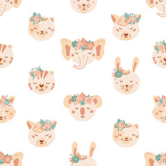Seamless pattern with cute animals and flowers. Background with lion, dog, elephant, cat, tige in flat style. Illustration for kids. Design for wallpaper, fabric, textiles, wrapping paper. Vector
