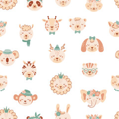 Seamless pattern with cute wild animals. Background with lion, dog, elephant, cat, tige, bear in flat style. Illustration for kids. Design for wallpaper, fabric, textiles, wrapping paper. Vector