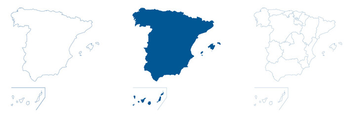 Spain map vector. High detailed vector outline, blue silhouette and administrative divisions map of Spain. All isolated on white background. Template for website, design, cover, infographics. Vector