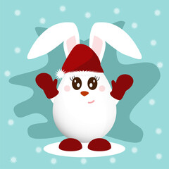 Happy rabbit standing in winter christmas landscape. Merry christmas and happy new year greeting card. Funny bunny in hat Santa Claus, on snowy background. Copy space for text. Vector illustration
