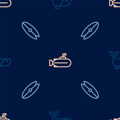 Set line Whale, Surfboard and Submarine on seamless pattern. Vector © Iryna