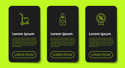 Set line Hand truck and boxes, Heart tag and Discount percent. Business infographic template. Vector