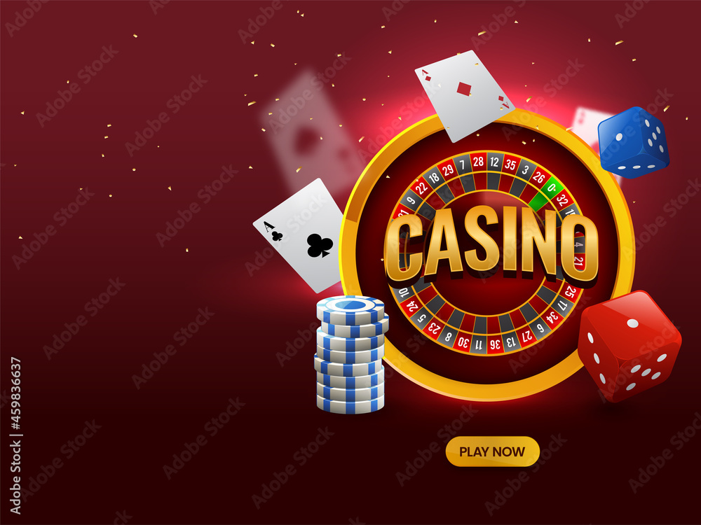 Canvas Prints golden casino over roulette wheel with 3d dice, poker chips and playing cards on red background.