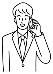 Upper body of a young man in a suit talking on a cell phone (line)