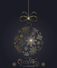 Christmas banner, poster. Abstract ball on a black background. Congratulations text.