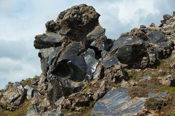 Obsidian rocks on Laugar-loop trail in Landmannalaugar, Iceland, Europe
