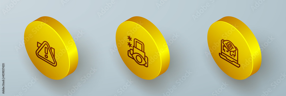 Poster set isometric line exclamation mark in triangle, cyber security and computer vision icon. vector