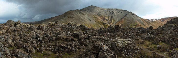 Lava field on Laugar-loop trail in Landmannalaugar, Iceland, Europe
