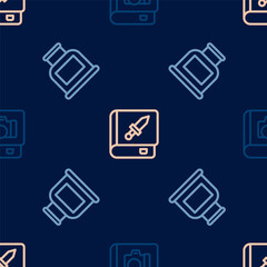 Set line Photo album gallery, Inkwell and Book about weapon on seamless pattern. Vector