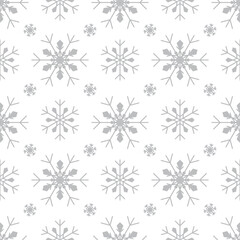 Seamless pattern with silver snowflakes on white background. Festive winter traditional decoration for New Year, Christmas, holidays and design. Ornament of simple line repeat snow flake