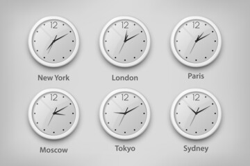 Vector 3d Realistic White Wall Office Clock Set. Time Zones of Different Cities, White Dial. Design Template of Wall Clock, Timezones. Closeup. Mock-up for Branding, Advertise. Top, Front View