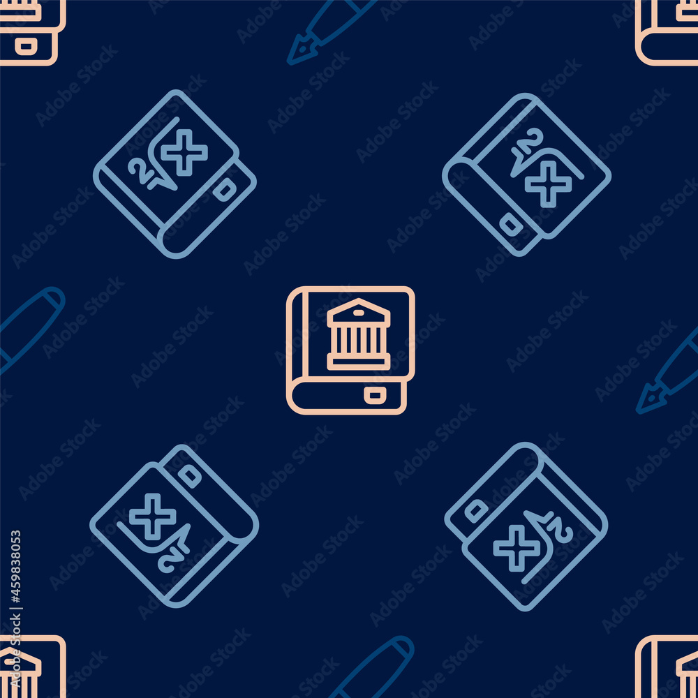 Poster set line fountain pen nib, book with mathematics and law book on seamless pattern. vector