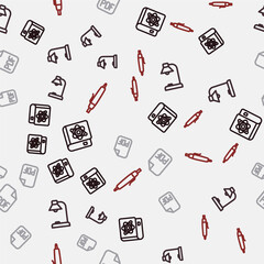 Set line Book about physics, Table lamp, PDF file document and Pen on seamless pattern. Vector