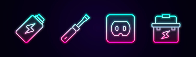 Set line Battery charge, Screwdriver, Electrical outlet and Toolbox electrician. Glowing neon icon. Vector