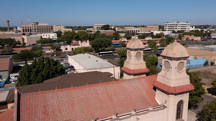 Afternoon aerial view of the urban downtown core of Modesto, California, USA.