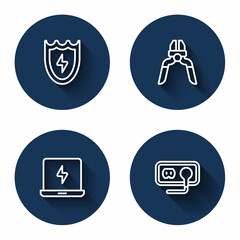 Set line Lightning and shield, Pliers tool, Laptop and Electrical outlet with long shadow. Blue circle button. Vector