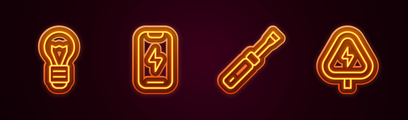 Set line Creative lamp light idea, Mobile phone, Screwdriver and High voltage. Glowing neon icon. Vector