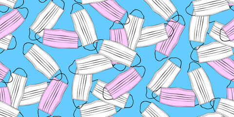 Seamless pattern with pink, white medical face masks. Virus protection, quarantine. Coronavirus pandemic. Covid-19